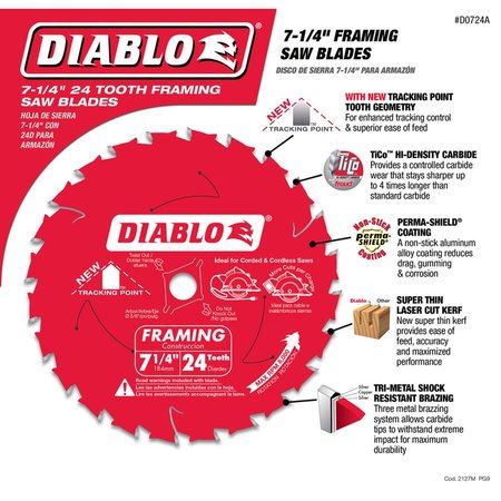 FREUD Diablo 7-1/4 in. D X 5/8 in. Carbide Tip Titanium Framing Blade 24 teeth 1 pc D0724A